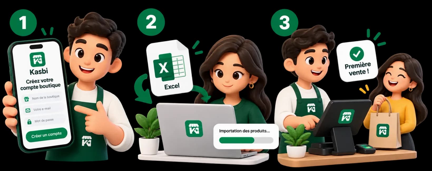 Les trois étapes : créer sa boutique sur son téléphone, importer ses articles depuis Excel, faire sa première vente