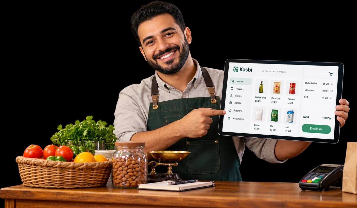 Un commerçant marocain montre la caisse Kasbi sur sa tablette, derrière son comptoir